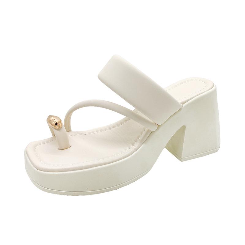 

European and American high-heeled cool slippers 2025 summer new fashion versatile set toe thick-soled casual high-heeled slippers women 35 белый