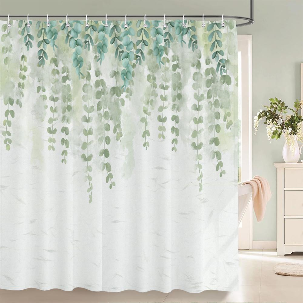 Green Leaf Plants And Flowers Shower Curtain Print Modern Nordic Minimalist Polyster Home Decor Bathroom Curtain With Hooks