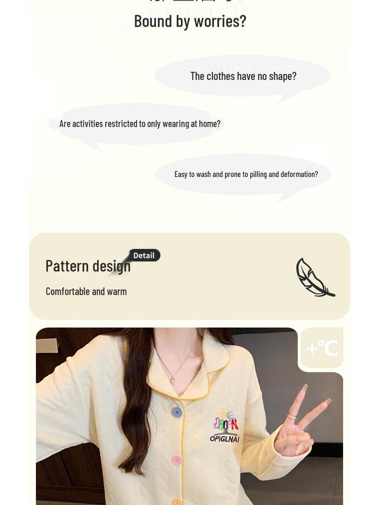 Women's Korean Style Thickened Cotton Pajama Set - Long Sleeve for Autumn/Winter, Simple Design, Home & Outdoor Wear.