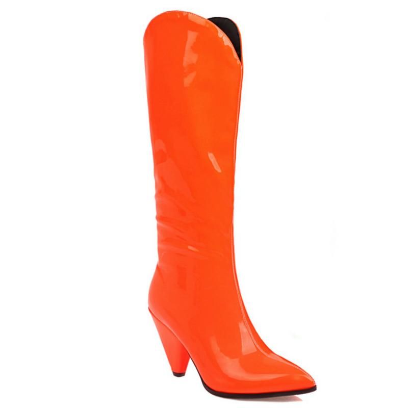 Fashion Women's High Boots Winter Shoes Point Western Cowboy Knee High Boot Pink Yellow Black Long Fetish Shoes Lady Large Size