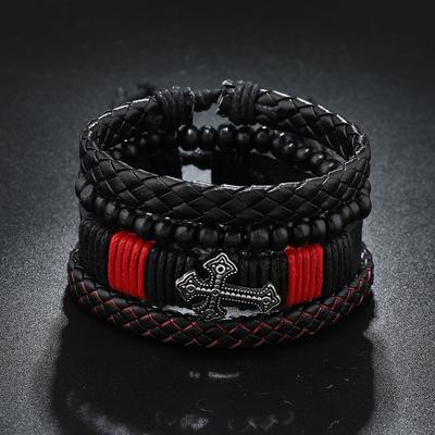 Cross-border Foreign Trade PU Leather Hand Jewelry 4 Pieces DIY Combination Stainless Steel Cross Woven Bracelet Bracelet Fashion Jewelry