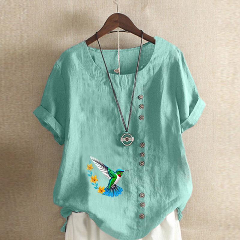 Women's Fashion Round Neck Short Sleeve T-shirt Casual Cotton Linen Graphic Shirt Leisure Loose Bird Prined Summer Blouse Tops
