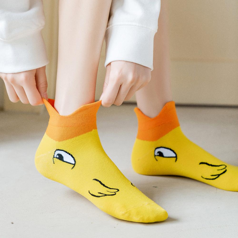 6 Pairs Cartoon Duck Pattern Women Short Socks Fashionable College Style Design Soft Comfortable Breathable Casual Socks