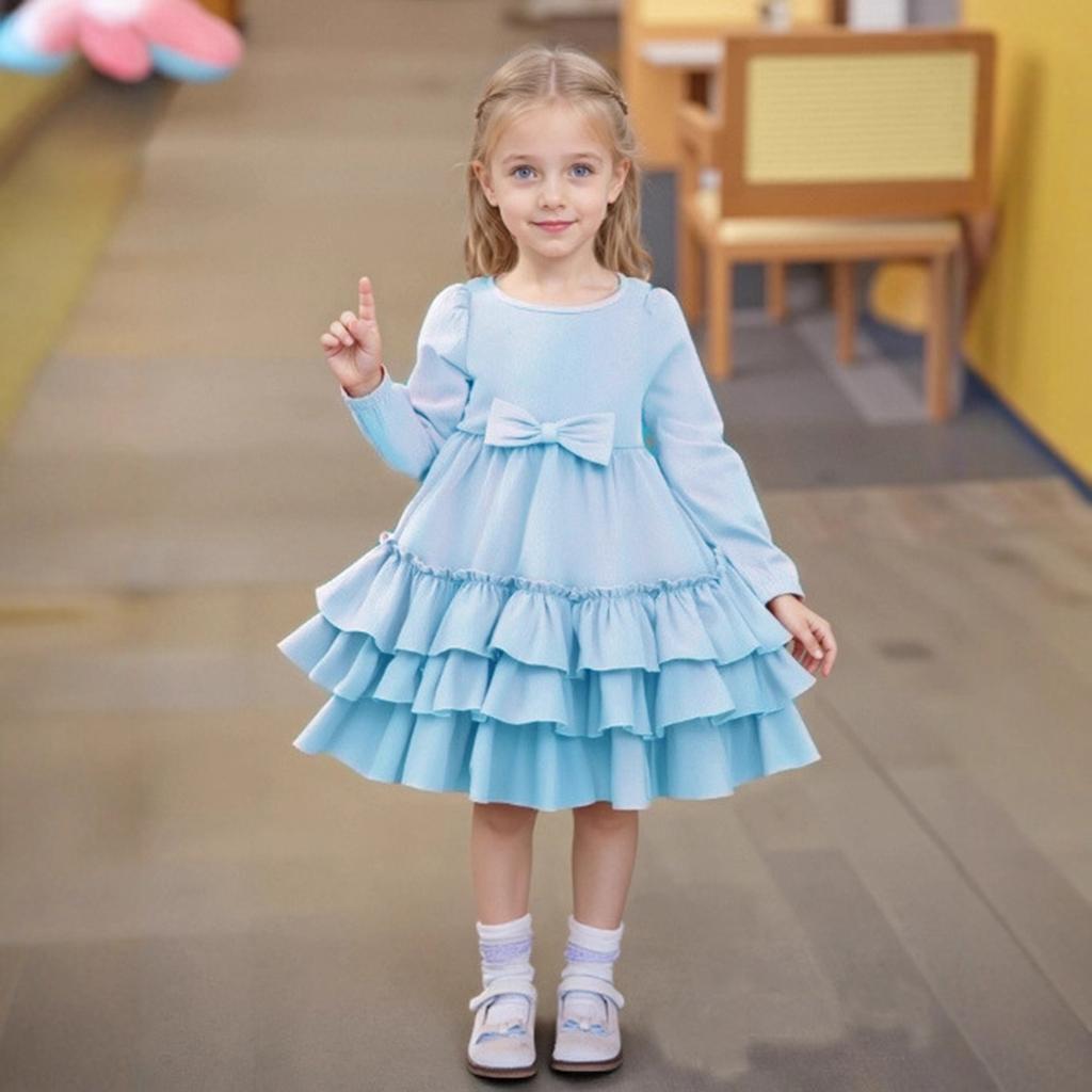 Girls' Fashionable Cute Solid-Color Stylish Children's Cake Dress Princess Dress Long-Sleeve Dress