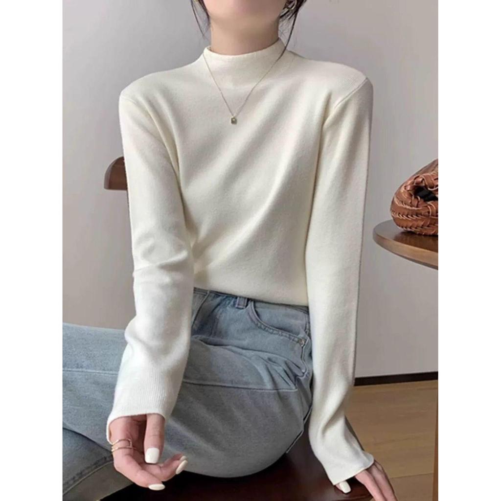 Soft Glutinous Semi-High Neck Velvet Pullover: Slimming Long-Sleeve Knitted Sweater for Autumn