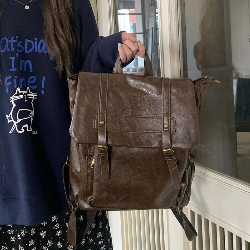 Vintage Women Backpack Female Rucksack PU Leather Shoulder Bag Large Capacity School Bag Preppy Style Student Backpack Mochila