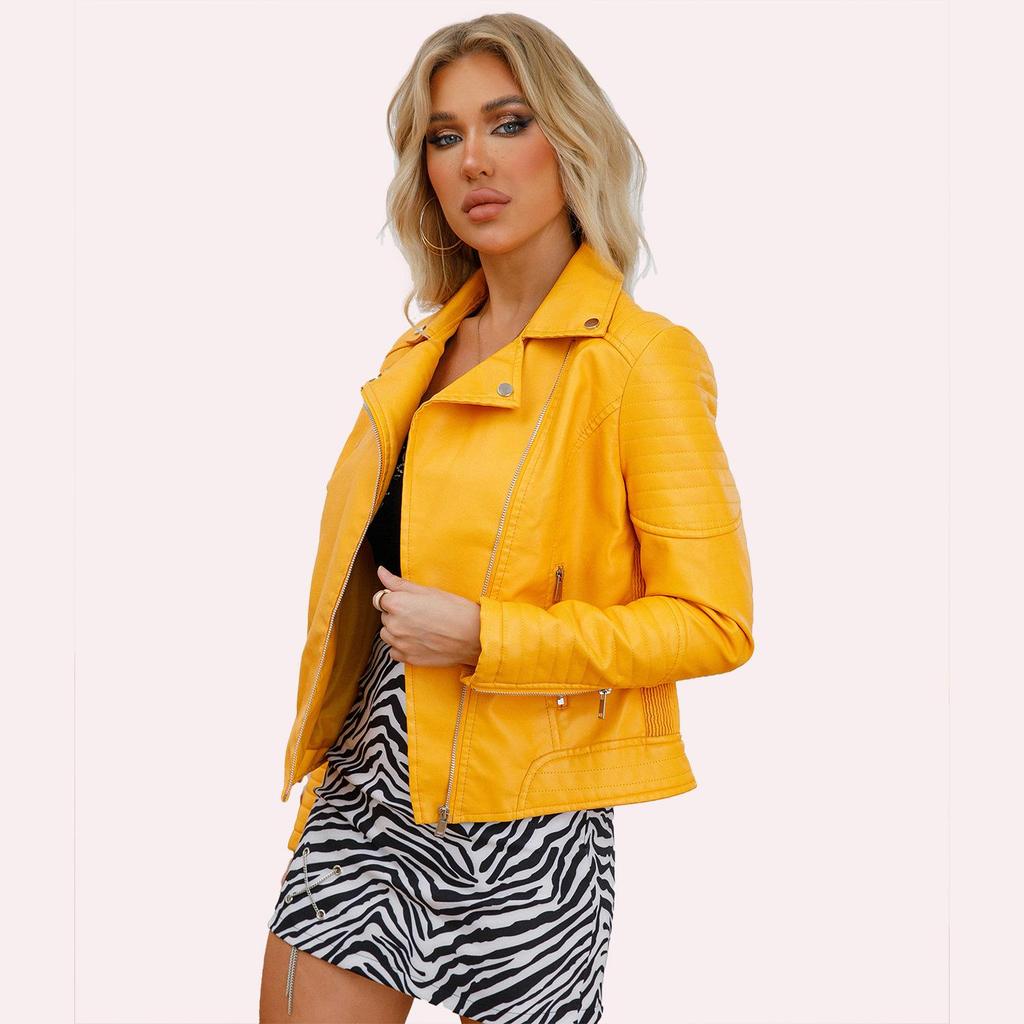 Spring and Autumn Short Leather Jacket for Women, Slim Fit, Lapel Motorcycle Jacket, Oblique Zipper Jacket for Women