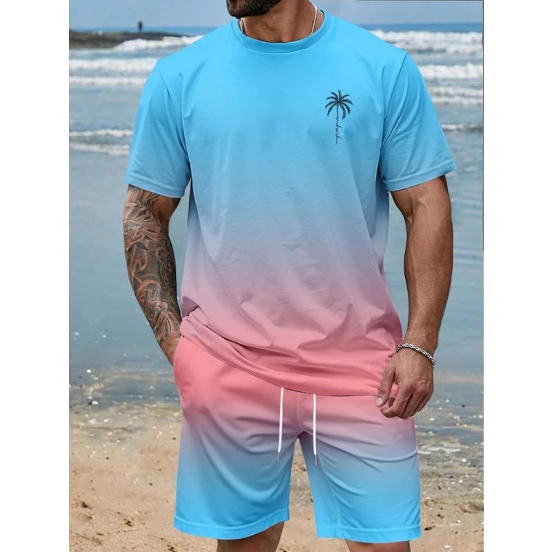 Herren Kurzarm Set Farbverlauf Print T-Shirts Shorts mit Kordelzug Urlaubsstrand Kurzarm Oberteil Shorts Zweiteiliges Set