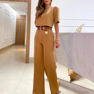New Women's Solid Color Round Neck Short-sleeved Short T-shirt Plus Wide-leg Pants Casual Suit