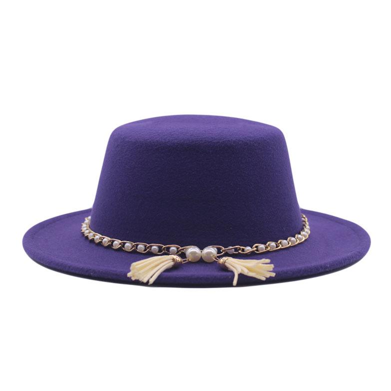 European, American and British Style Retro Fringed Pearl Chain Woolen Felt Hat Wide Brim Top Hat Flat Top Lady Hat Trendy Girl
