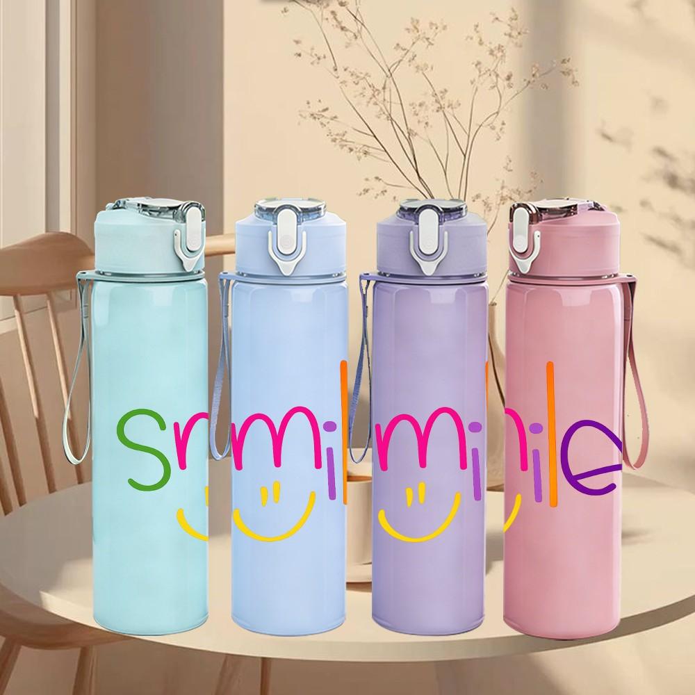 1PC Multicolor Smile Text Art Print 750ml Color Plastic Sports Water Bottle Leakproof Flip Straw Lid Suitable for Sports Office Home Use