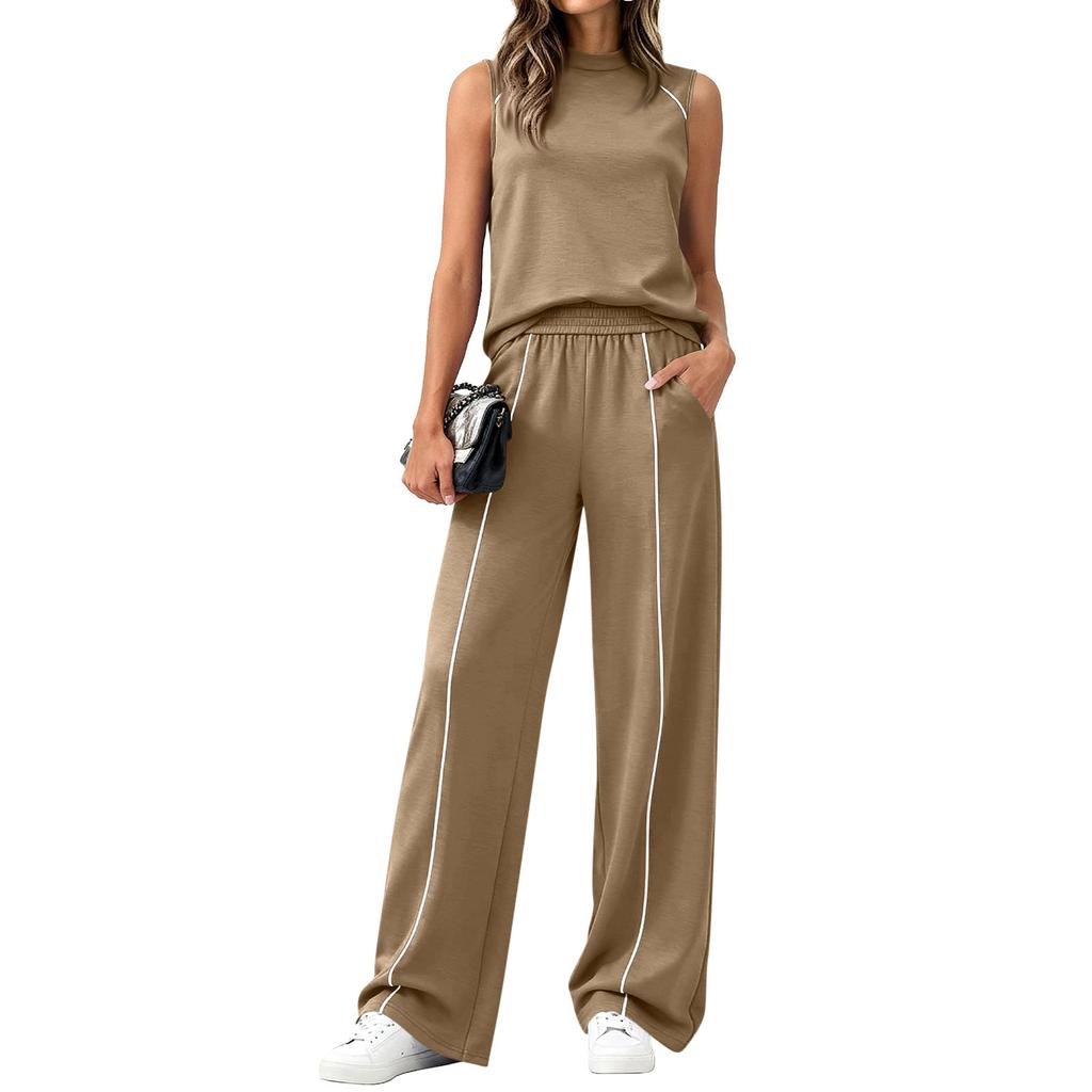 Women Sleeveless High Neck Top and Wide Leg Pants Set Casual Two Piece Outfit Elastic Waistband Relaxed Fit Soft Fabric