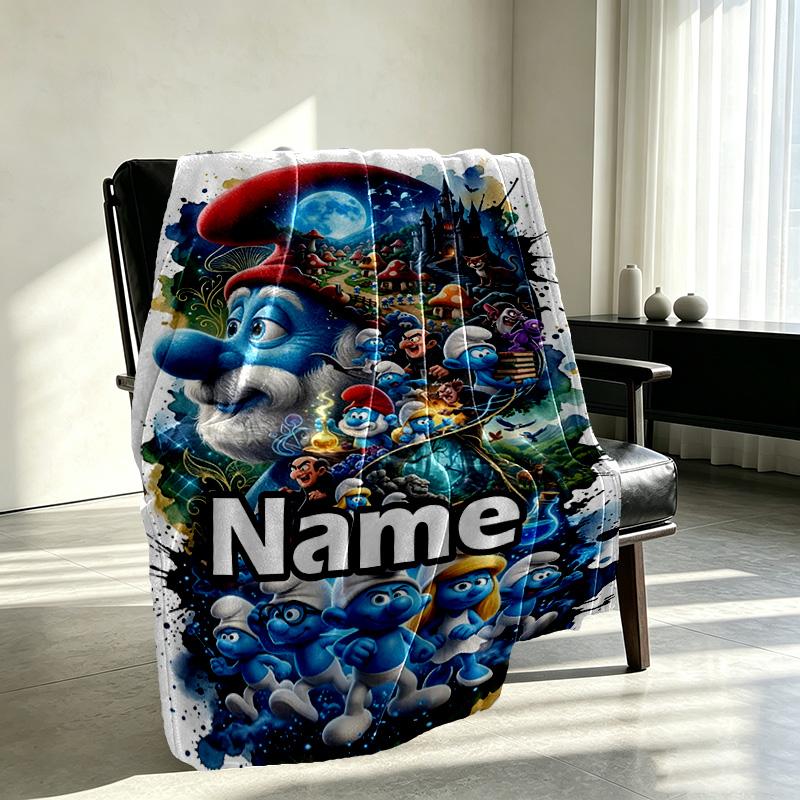 Custom Name Personalized Blue Smurfs Print Blanket, Home Decor, Bedroom, Sofa, Camping, Couch, Gifts for Birthday Christmas