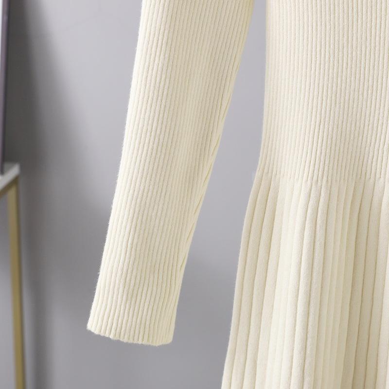 Women Autumn Winter High Neck Long Sleeve Solid Color Slim Knit High Waist Chic Dress