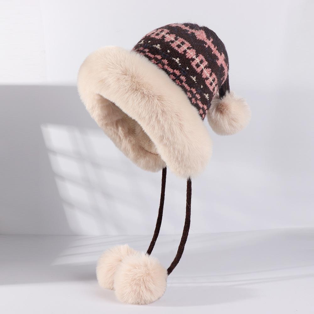 Winter Knitted Hat with Plush Warm Ear Protection Cap Fashion Korean Knitted Hat for Women