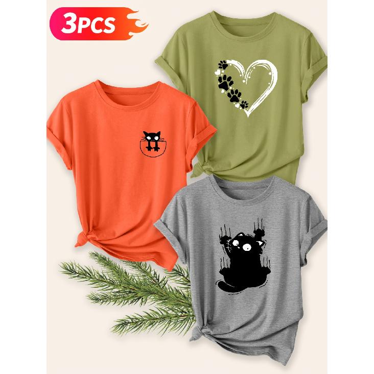 Three-piece Set Elegant Short-sleeved Shirt for Women Cat Pet-themed Printed Round-neck Women's Shirt T Shirt Suitable for Spring Wear Summer