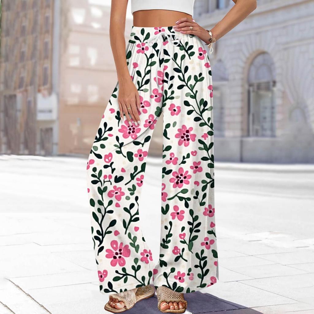 Women's Printed Wide Leg Pants With Pockets High Waist Drawstring Loose Casual Pants