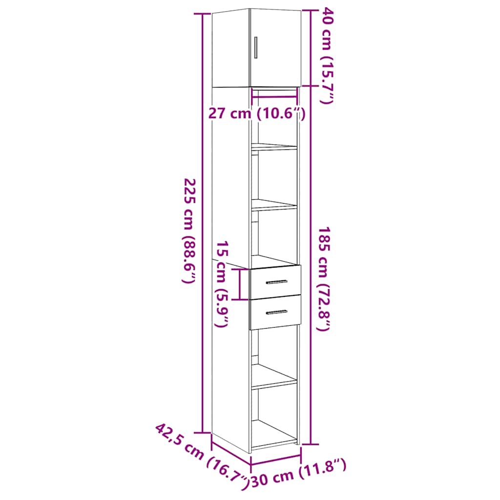 Tall Cabinet Narrow Sonoma Oak Finish 30 X 42.5 X 225 Cm Particleboard