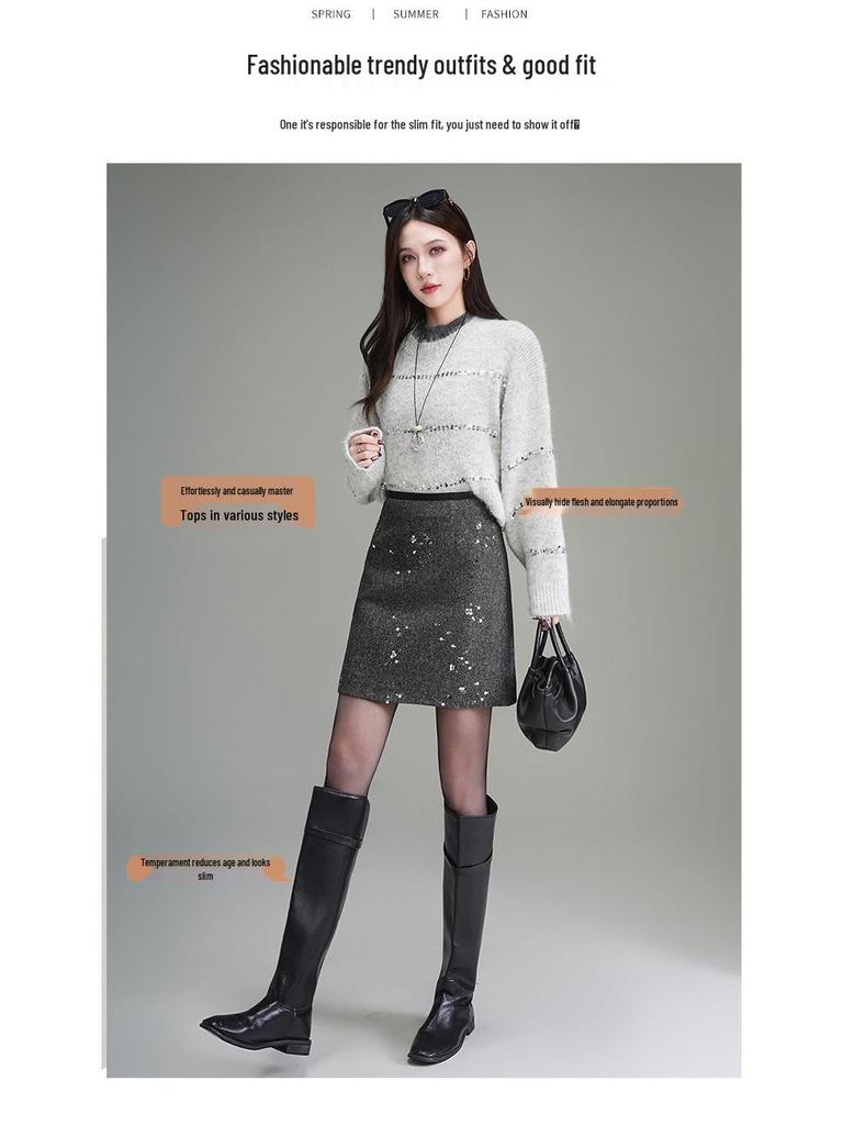 Elegant Coco Style Rhinestone High-Waisted A-Line Skirt - 2025 Autumn/Winter Petite Fashion