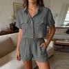 Completo due pezzi da donna: Cardigan con colletto, manica corta, bottoni e vita elasticizzata con pantaloncini