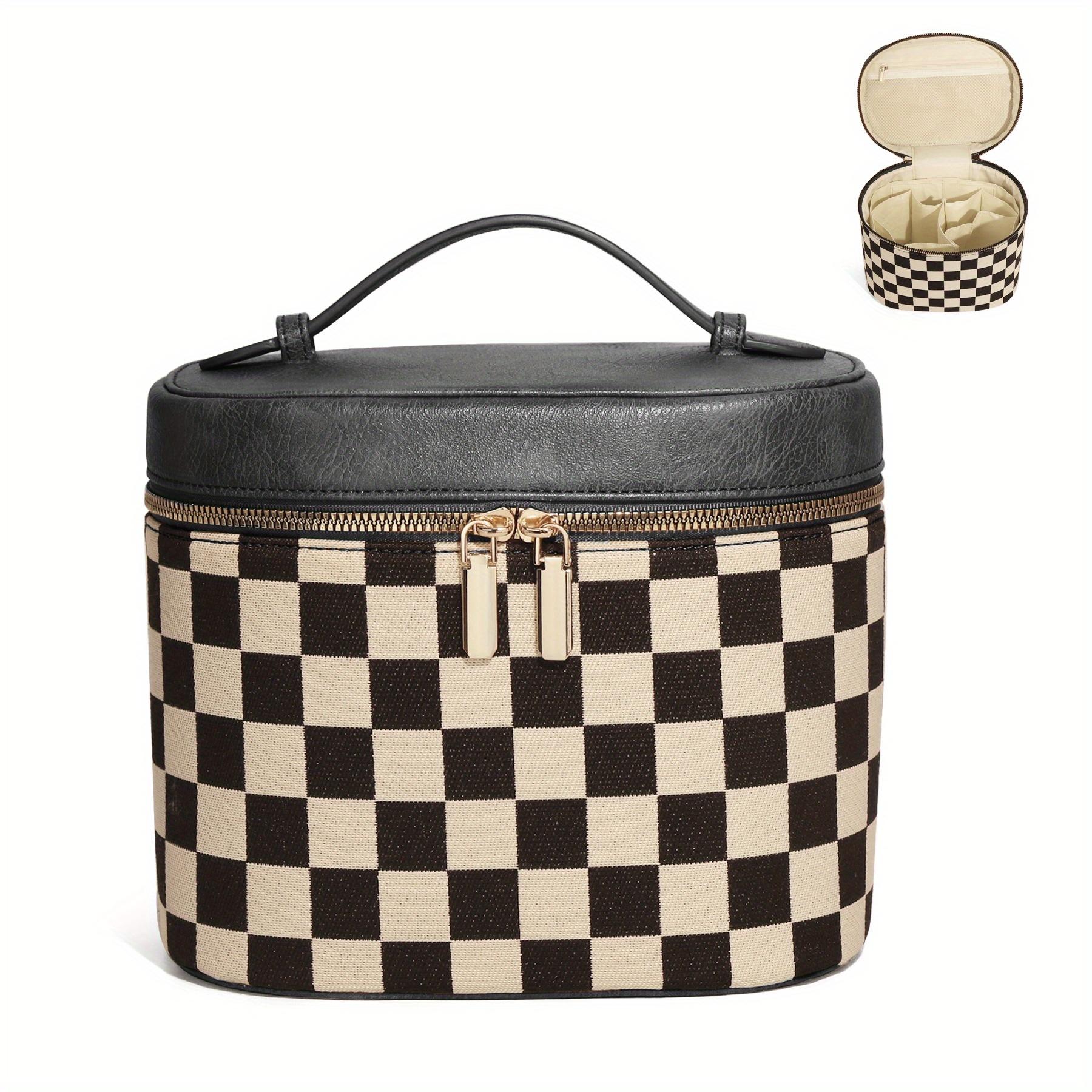 

Fashionable Two-Tone Checkered Makeup Bag Portable Large-Capacity Cosmetic Case Storage Bag Premium Feel Travel Toiletry Bag чёрный