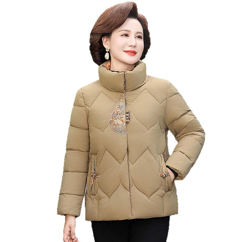 Mom's Stylish Down-Padded Cotton Jacket for Autumn/Winter - High-Neck & Embroidered, Perfect for Middle-Aged and Elderly Women