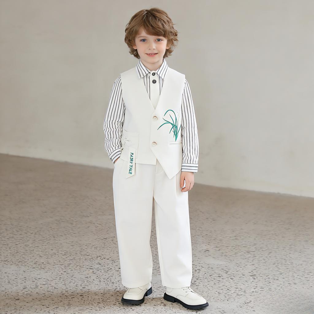Kids Boys Chinese Style Formal Suit Set Orchid Embroidered Vest Striped Shirt Pants Gentleman Outfit for Wedding Birthday Party