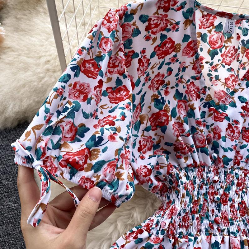 Women Summer Spring Short Sleeve Flower Print V-neck Casual A-Line Ankle-Length High Waist Dress