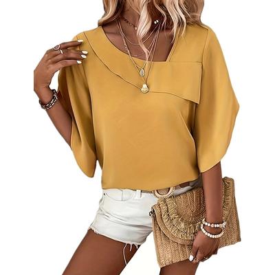 Zomer Dames Elegante Casual Losse Petal Halve Mouw Asymmetrische Kraag Shirt Top voor Dames