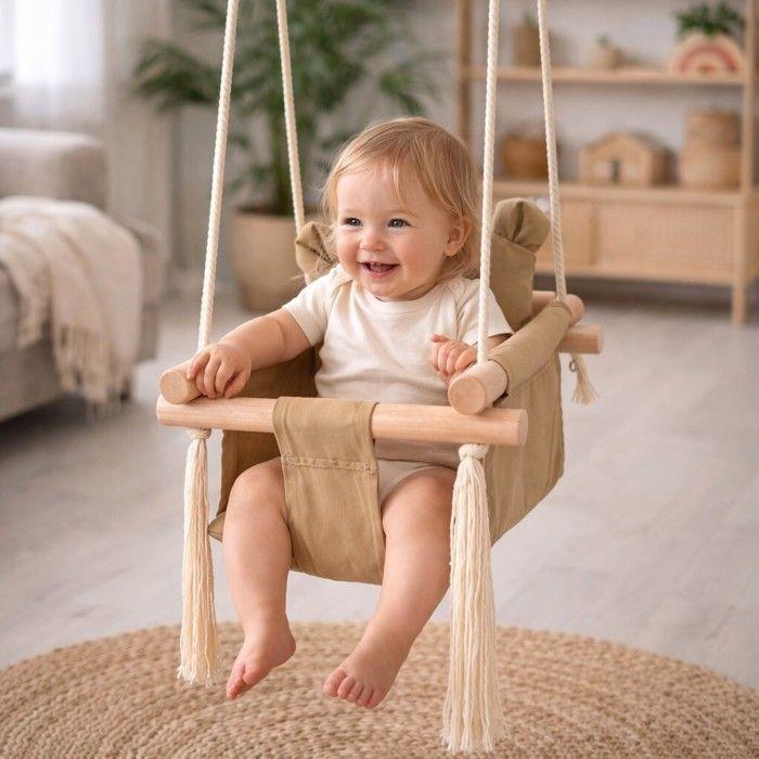 Balancoire Bebe Bois GINGER HOME Motif Ours avec Assise Coton Securisee 28 x 28 x 196 cm