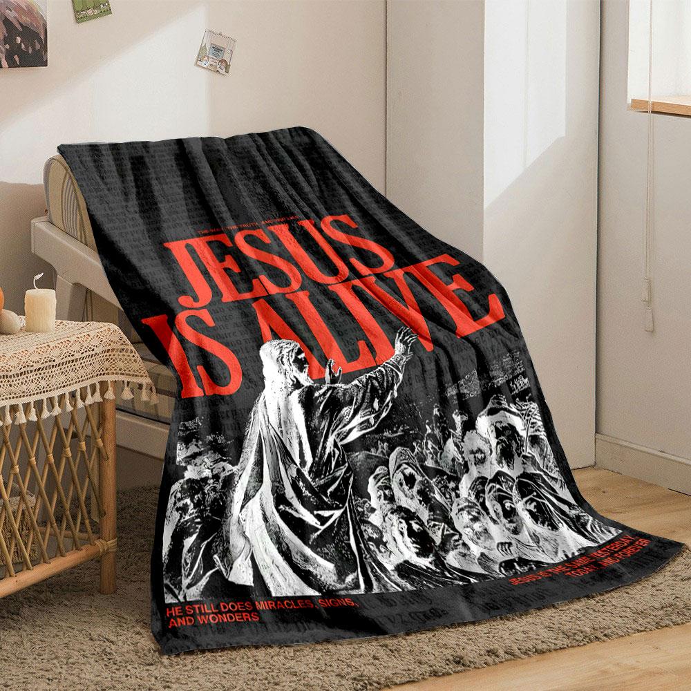 Jesus, Blanket, Religious Jesus Print, Dark Backdrop, Bold Lettering Printed Blanket for Living Room Bed Couch Lunch Break Blanket for Festival Gift