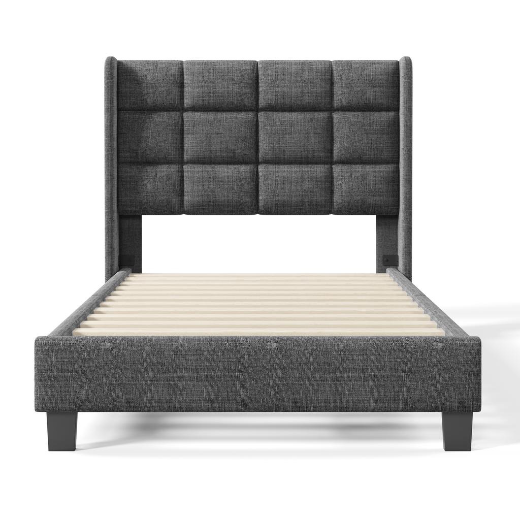 Modern design upholstered bed with padded headboard, single bed with slatted frame, 90x200cm, in grey linen, medium-firm (without mattress)