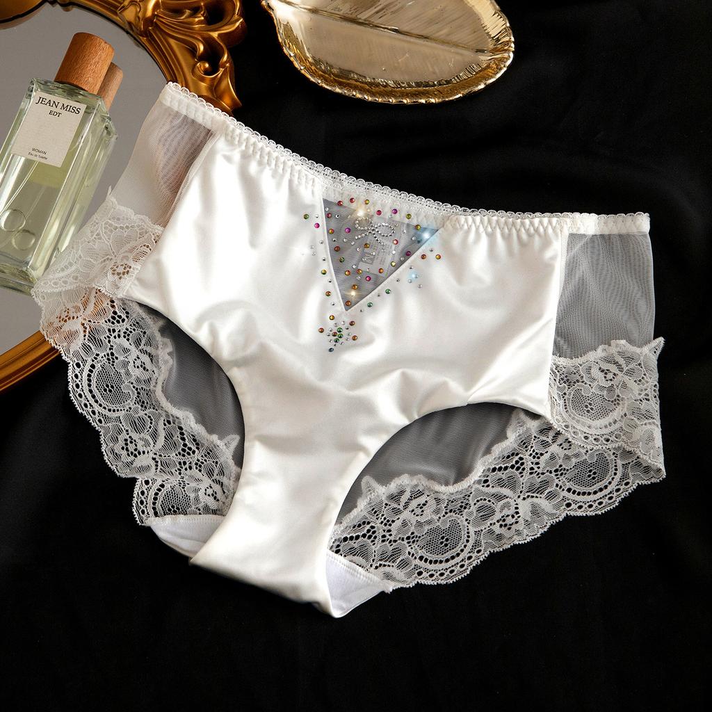 Mit Diamanten verzierte Mid-Waist-Spitzen-Slips Sexy und atmungsaktive Damen-Triangel-Slips