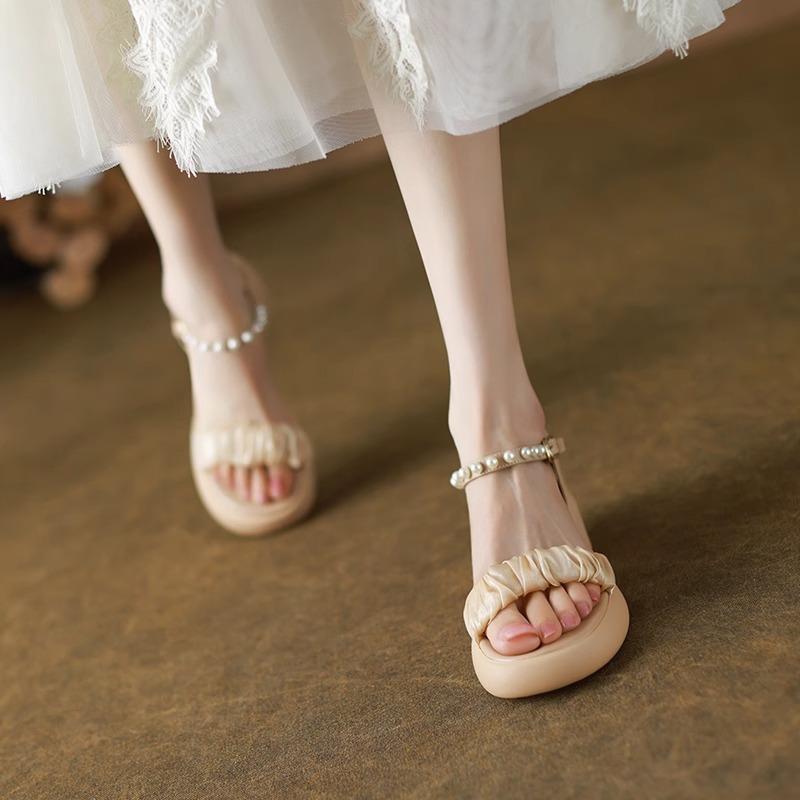 Soft leather mesh thick-soled heightening open-toed sandals women's summer new holiday style versatile pearl high heels