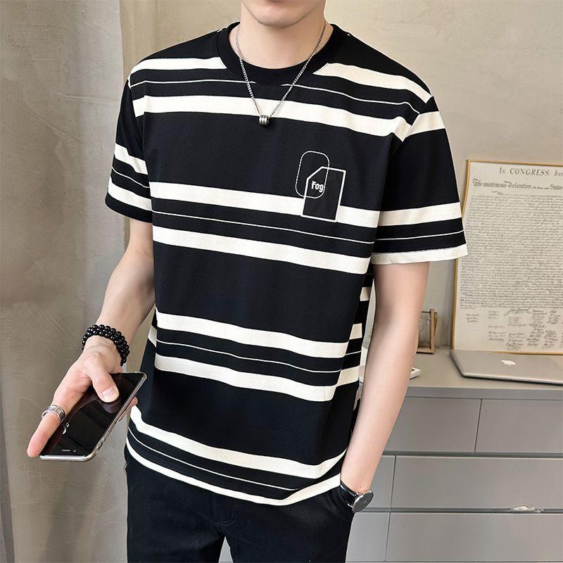 

Корейские футболки в полоску контрастных цветов, мужская одежда, повседневные пуловеры с круглым вырезом, летние базовые футболки с коротким рукавом в американском ретро-стиле XXL чёрный