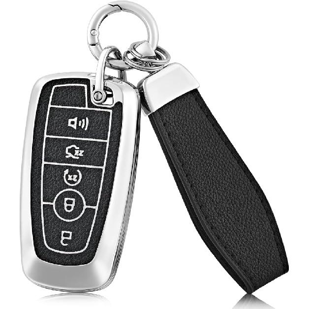 EnerCharge For Ford Key Fob Cover with Keychain, Soft TPU and Leather Key Case Shell Full Protection for Ford Explorer Escape