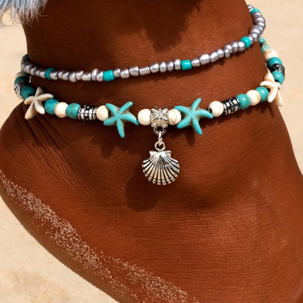 Vintage Turquoise Starfish Turtle Foot Ornaments Beach Layer Beaded Hollow Double Anklet for women Valentine's Day Gift