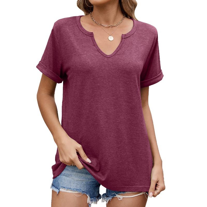 Tops de T-shirt Femininos de Cor Sólida com Decote em V, Soltos e de Manga Curta, Novidades para Primavera e Verão