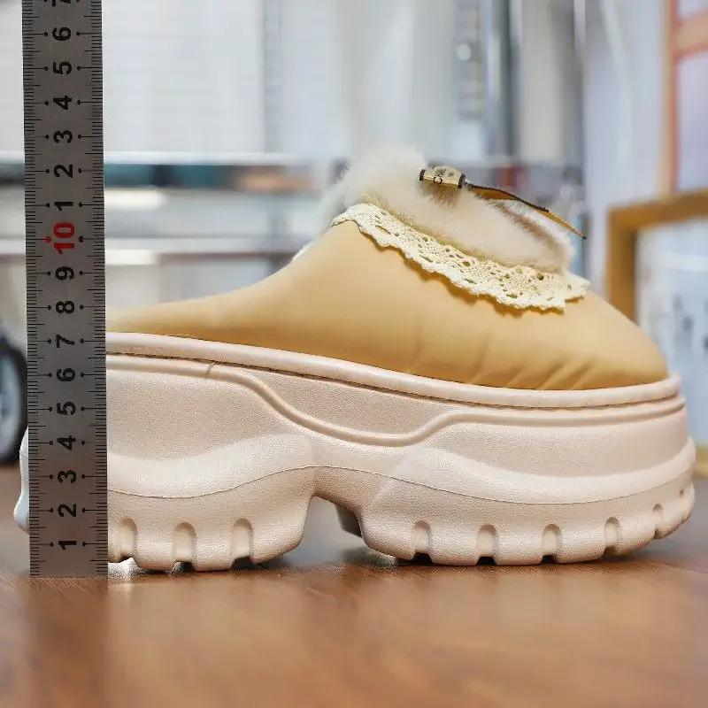 Fashion Winter Furry Women Waterproof Mules  Cotton Slippers Girl Bow Tied Furry Slippers Home Platform Warm   Slippers Ladies