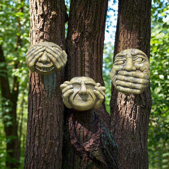 Yousheng Funny Tree Face Outdoor No Hear No See No Speak Face Statue Garden Tree Hugger Yard Art Decorations for Home Wall Fences Door
