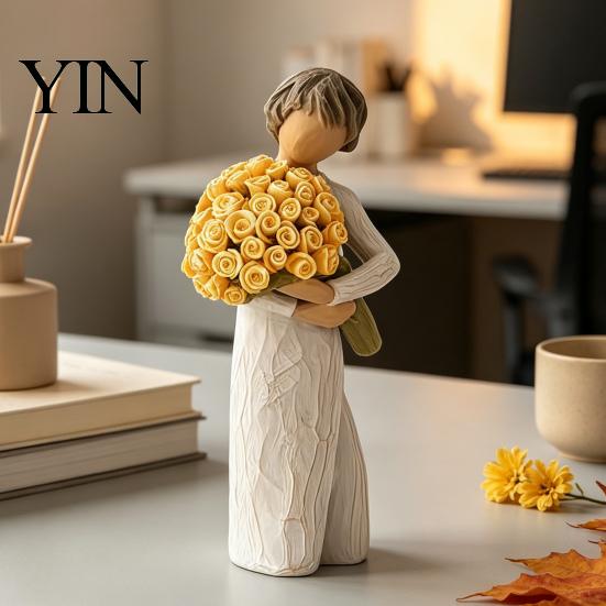 Minimalist Desk Ornament Girl Holding Bouquet Resin Figurine, Faceless Lady Statue, Romantic Desktop for Flower Statue Living Room Bedroom Home Decor,