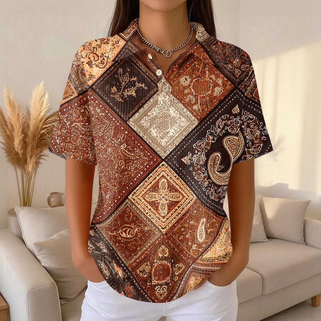 Women's Casual Short Sleeve Waffle Knit Polo Shirt Retro Floral Print Button Down Top Lightweight Breathable Summer Blouse
