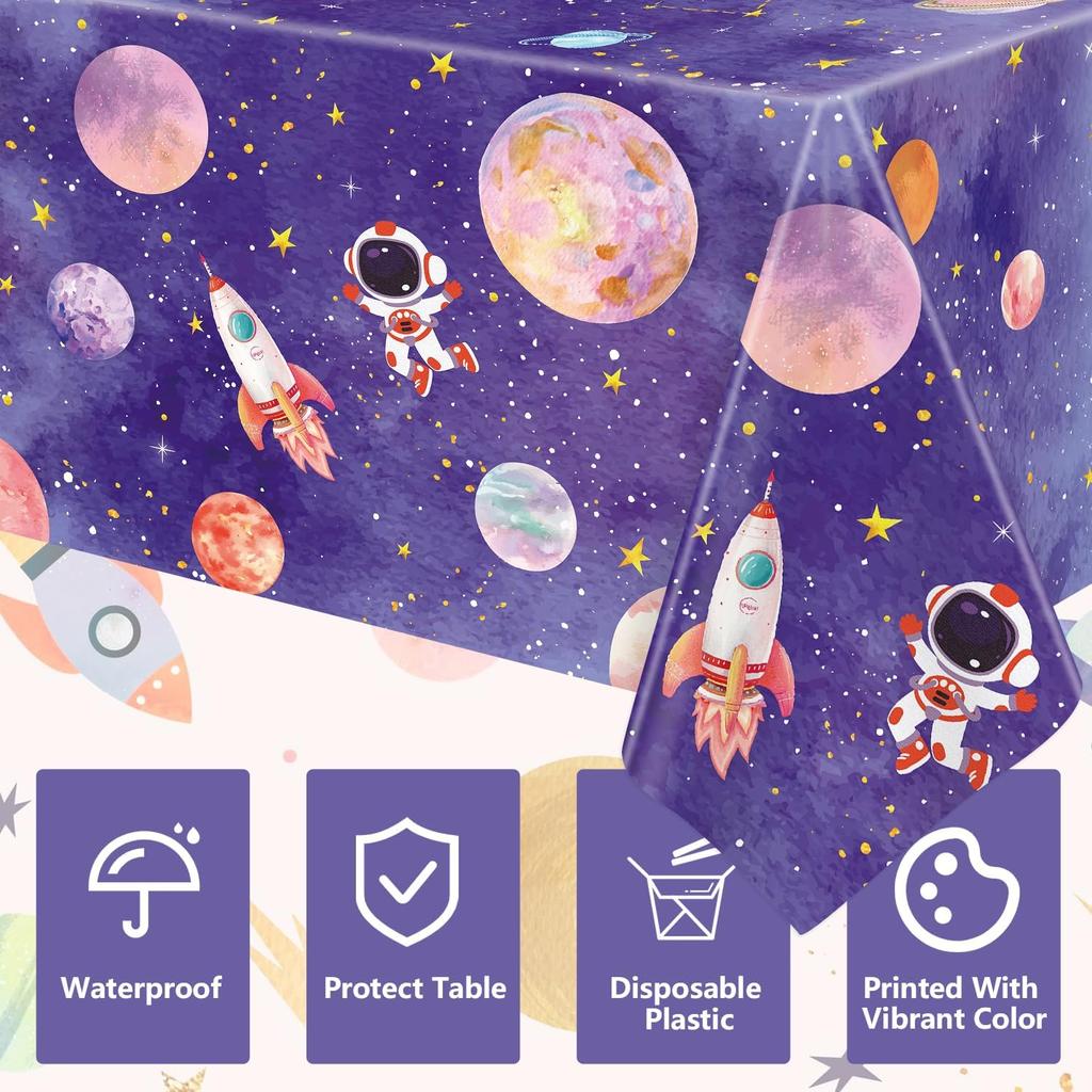 4 Pack Galaxy Tablecloth - Astronaut Rocket Table Cover - Space Planet Decorations - 86 X 51 Inch