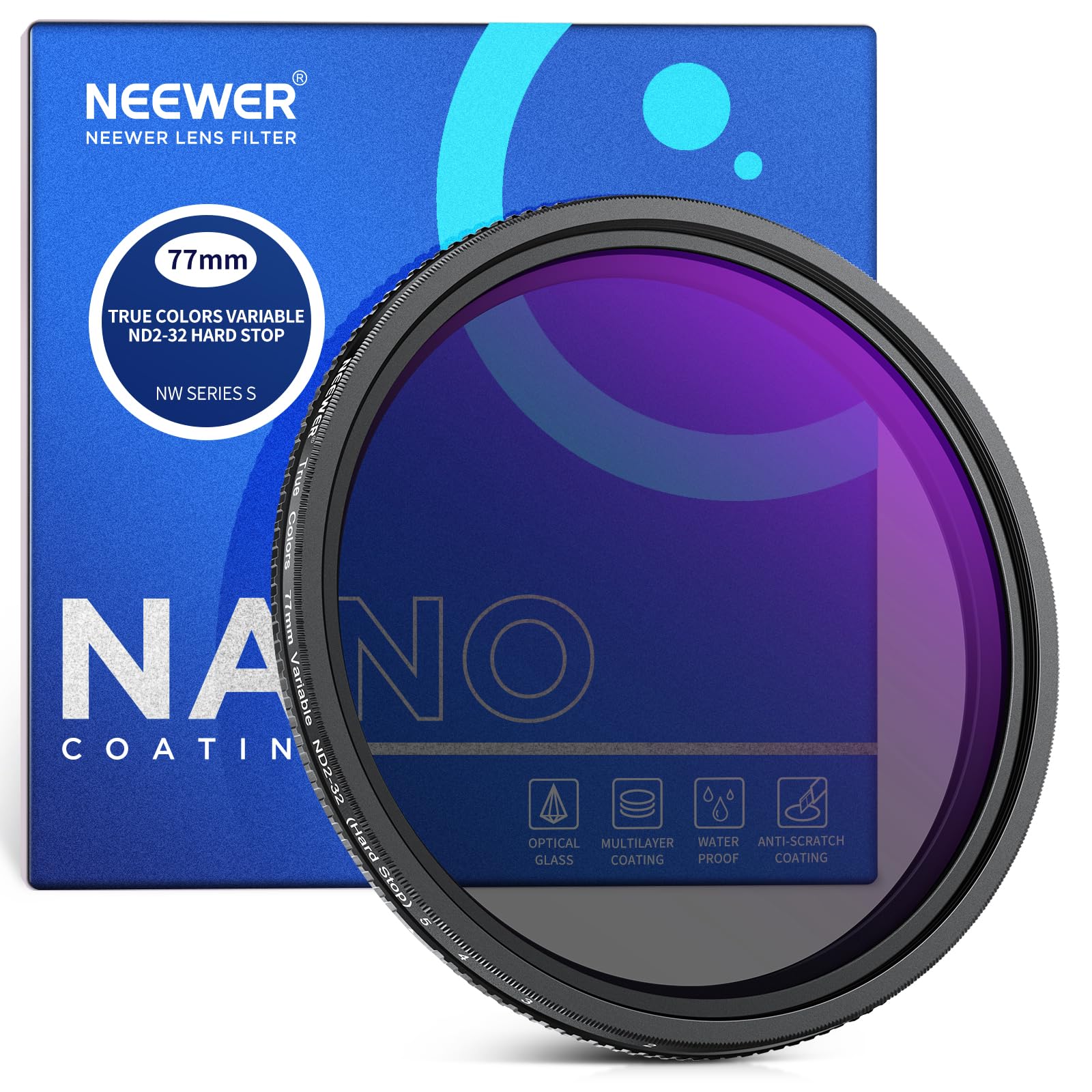 

NEEWER 77mm True Color Variable ND Hard Stop Limited Neutral Density HD Optical No Aluminum and Filter, ND2-32 (1-5 Stops), Filter, Multi-Coated
