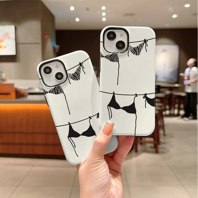 Chic Line Art Bikini Clothesline Summer Sketch Doodle Film Aesthetic Protective Shockproof Bumper Case Cover For iPhone 14 15 16 Pro Max Plus