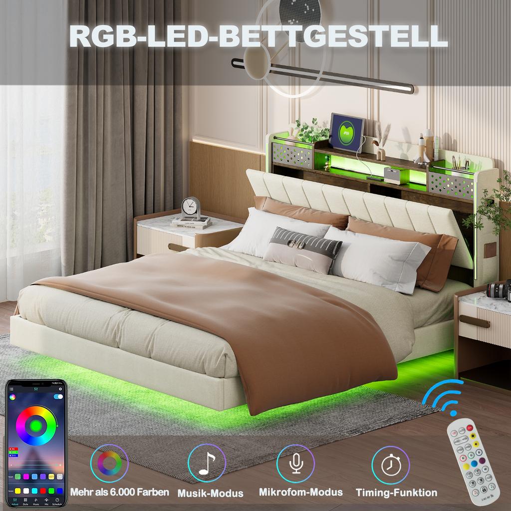 Gestoffeerd Bed 160*200 met LED-verlichting en USB-poort, Hoofdbord met Opbergruimte, Zwevend Bed Jeugd Bed Volwassen Bed, Linnen Stof, Beige
