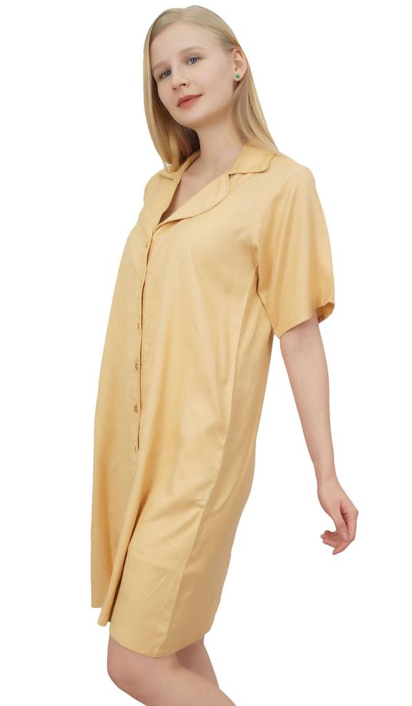 Bimba Women's Nightwear Beige Shirt Short Sleeve Dress With Pockets