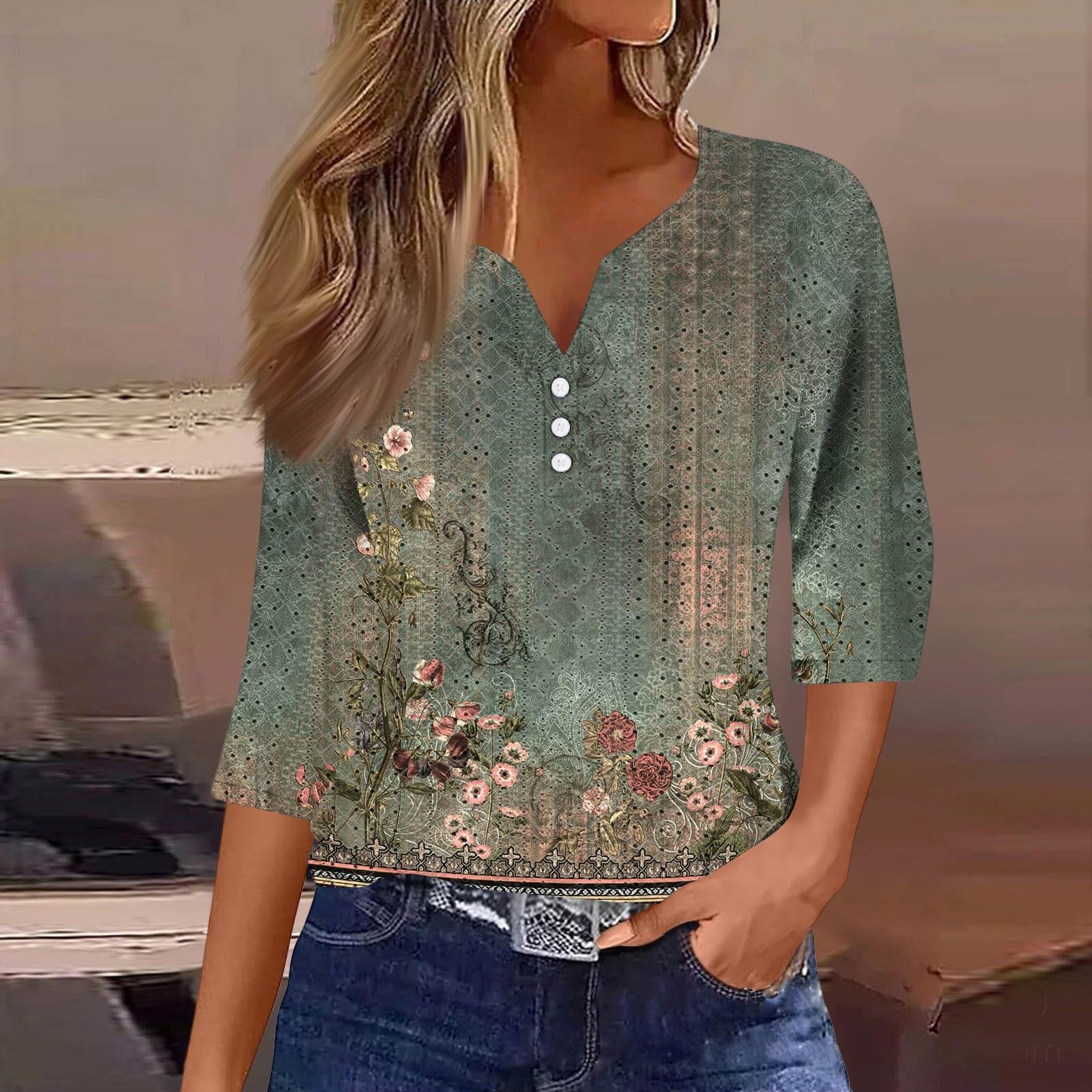 

Женская модная футболка с V-образным вырезом, пуговицами, семью рукавами, повседневный топ с цветочным принтом XXL