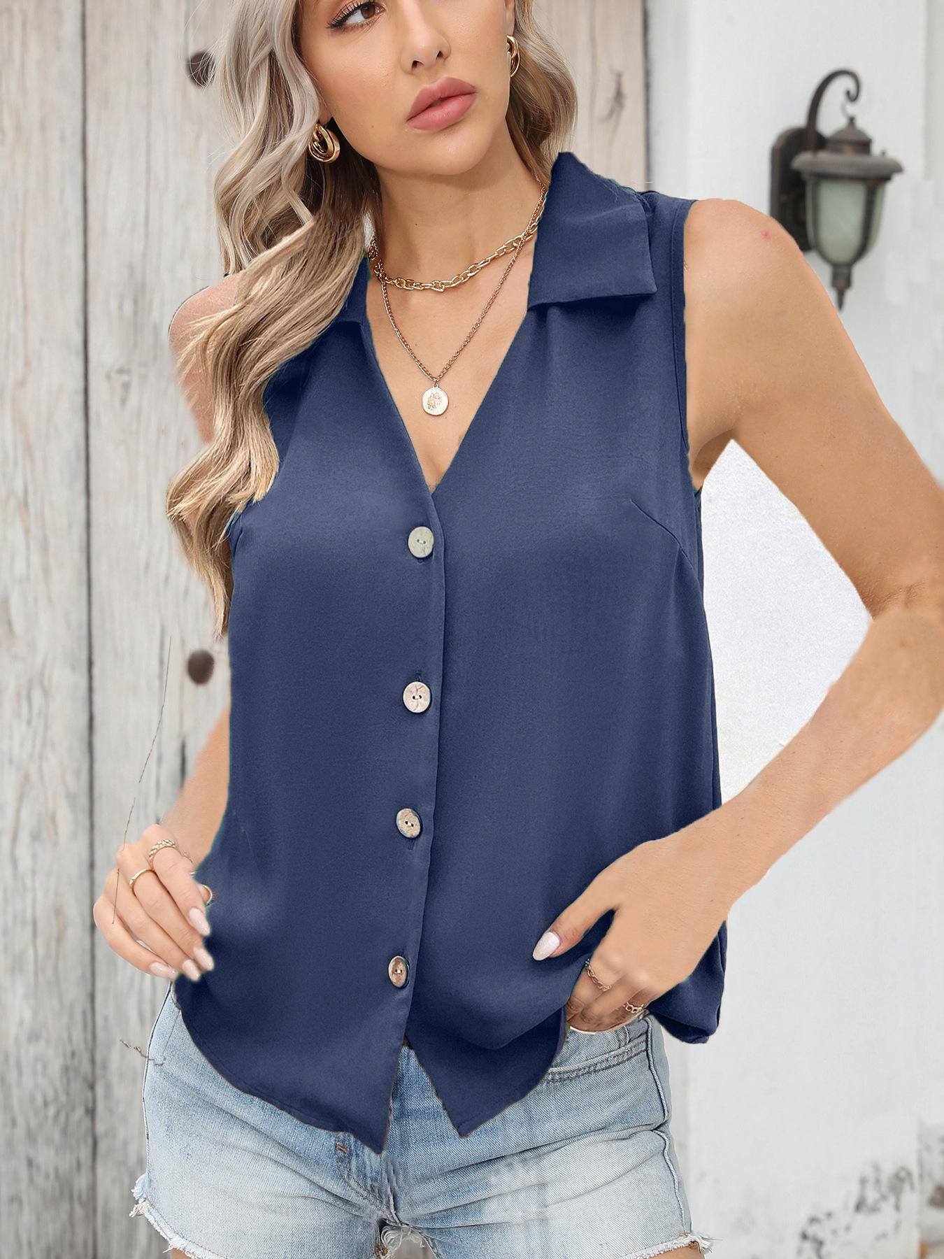 

2026 Women s Solid Color Sleeveless V-Neck Chiffon Shirt with Twist Button Detail 3XL темно-синього кольору