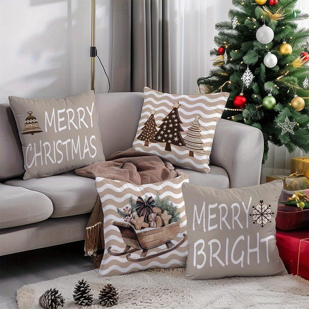 1pc/4pcs Festive Merry Christmas & Merry Bright Pillow Covers with Unique Designs Sofa Room Decoration Holiday Home Decoration